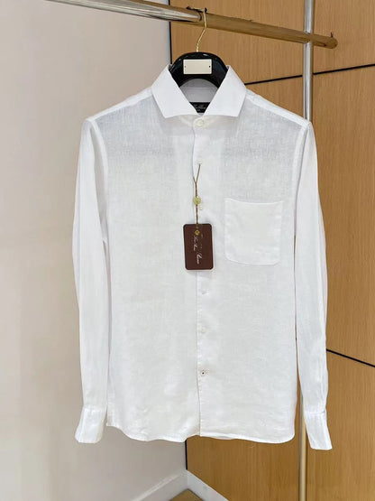 LP Italian Pocket Solid Color Pure Linen Long Sleeve Breathable Shirt