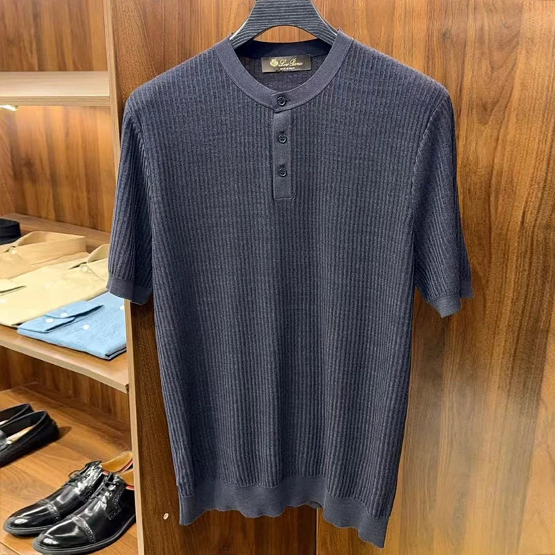 LP Vintage Three-Dimensional Yarn Henry Neck Short Sleeve Men's Knitted Sweater