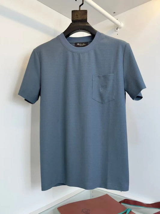 LP Italian solid color pocket embroidery old money wind round neck short sleeve casual T-shirt