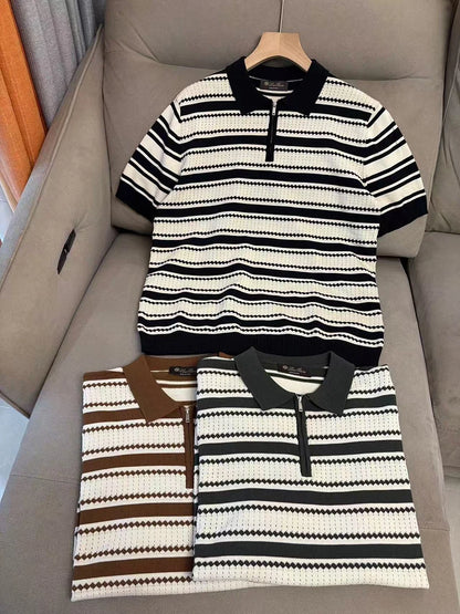 LP 25ss striped cashmere mulberry silk lapel short-sleeved knitted POLO shirt