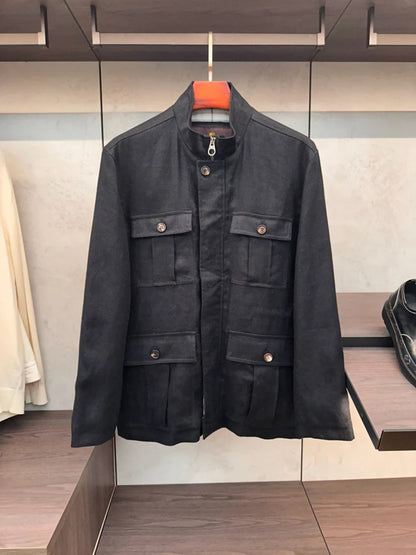 LP Italian Tooling Multi-Pocket Hunting Linen Jacket Stand-Up Collar Men's Thin Jacket